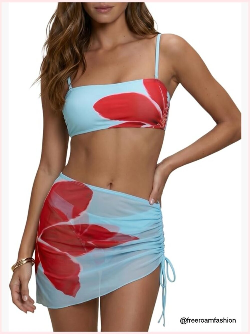 3 Piece Bikini Set with Sheer Cover Up Skirt Bandeau Tie Back